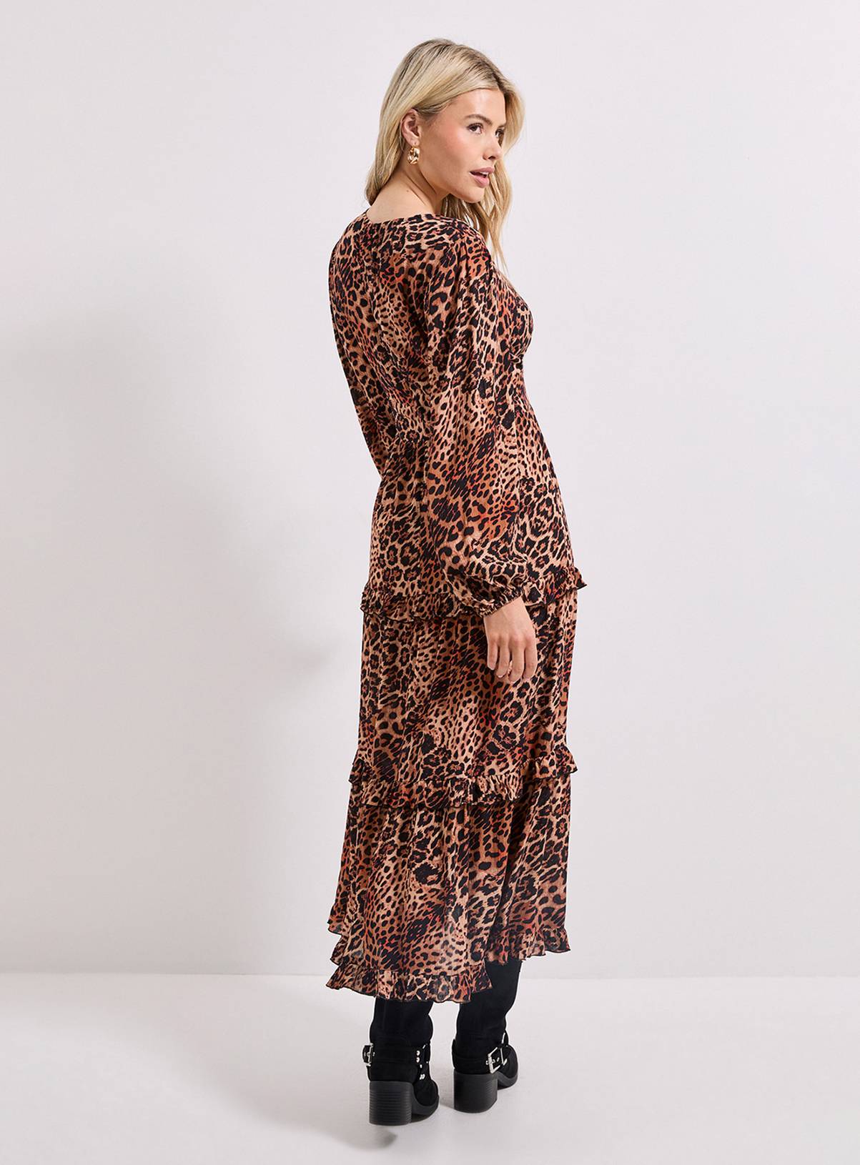 DOROTHY PERKINS Leopard Button Through Blouson Sleeve Tiered Frill Midi Dress 8 - Image 3